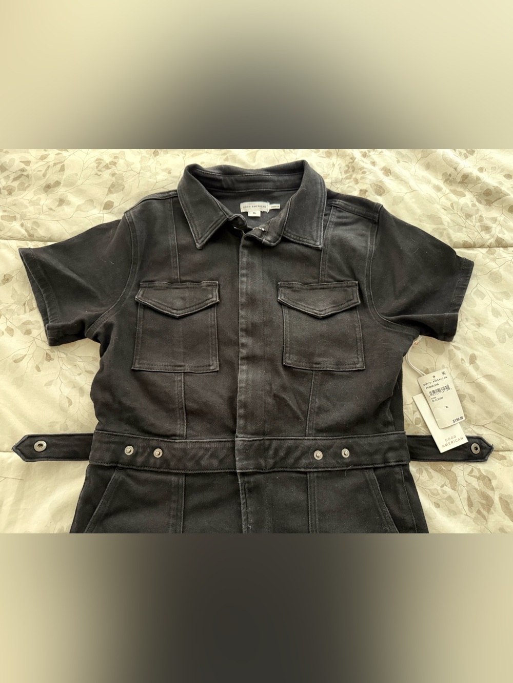 NWT Good American black denim jumpsuit coveralls short sleeve zip up & snap 👀 XL
